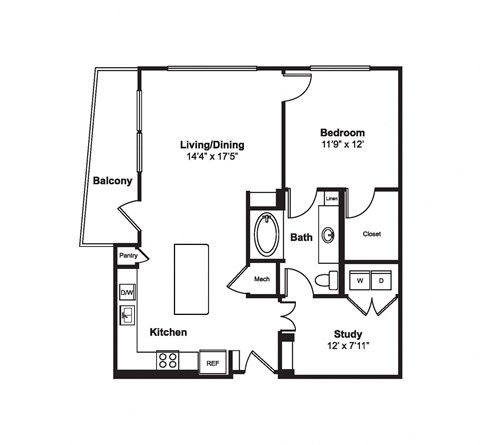 Floor plan for 1 bed, 1 bath, 899 sqft